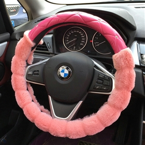 Unique Diamond Pink Velvet Car Steering Wheel Covers PU Leather 15 Inch 38CM - Rose