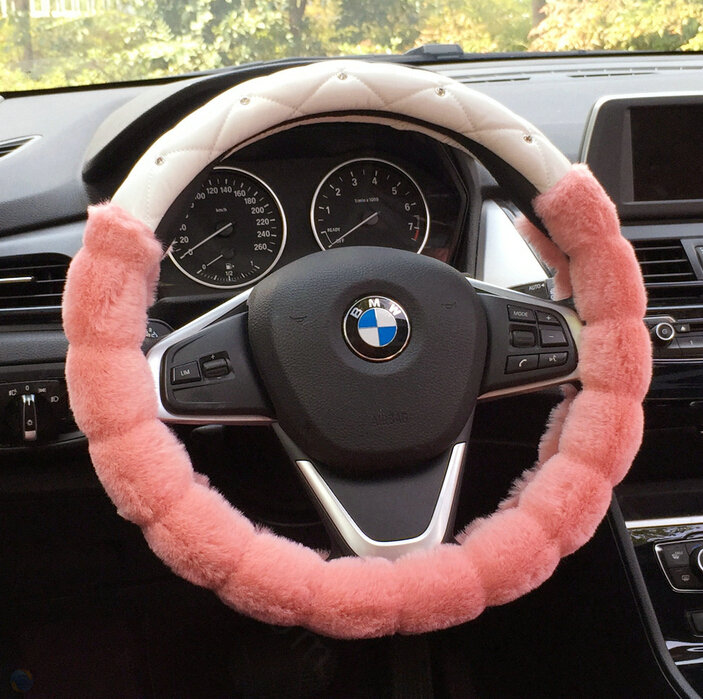 Unique Diamond Pink Velvet Car Steering Wheel Covers PU Leather 15 Inch 38CM - White