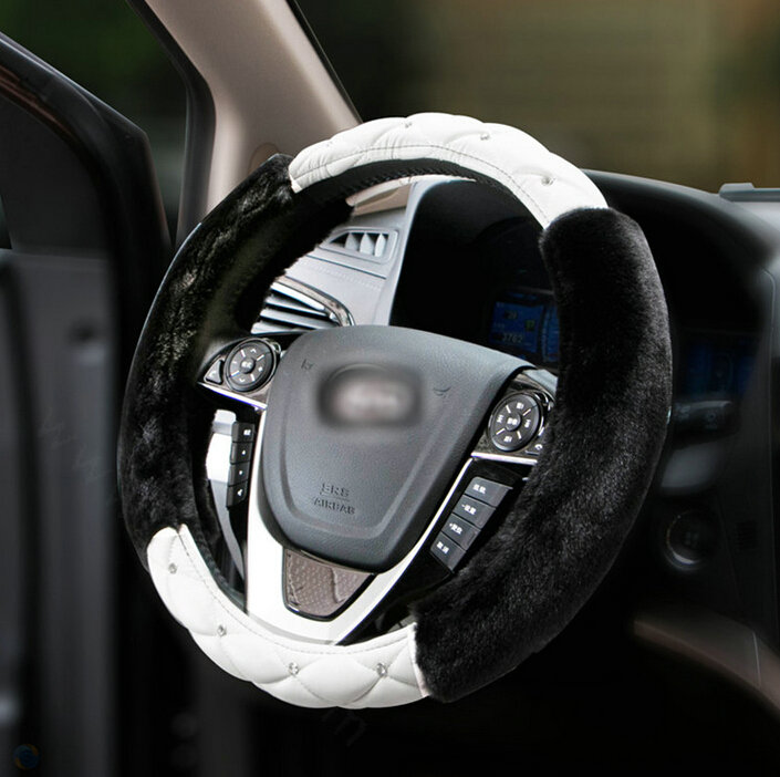 Unique Diamond Velvet Car Steering Wheel Cover PU Leather 15 Inch 38CM - Black