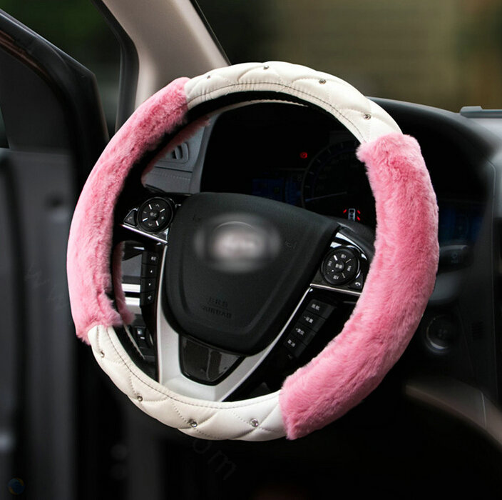 Unique Diamond Velvet Car Steering Wheel Cover PU Leather 15 Inch 38CM - Pink