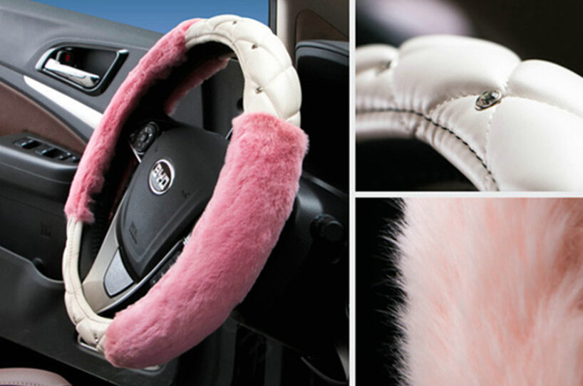 Unique Diamond Velvet Car Steering Wheel Cover PU Leather 15 Inch 38CM - Pink