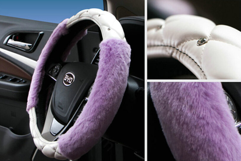 Unique Diamond Velvet Car Steering Wheel Cover PU Leather 15 Inch 38CM - Purple