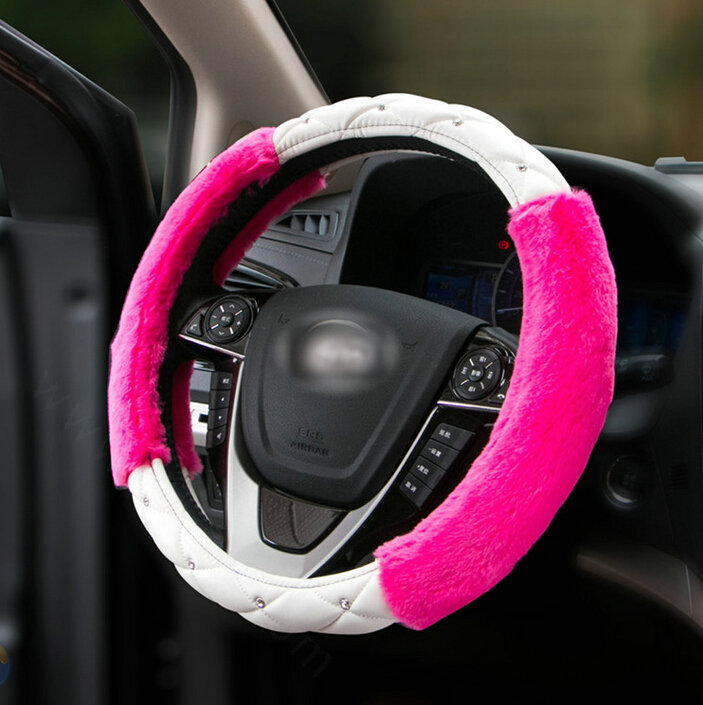 Unique Diamond Velvet Car Steering Wheel Cover PU Leather 15 Inch 38CM - Rose