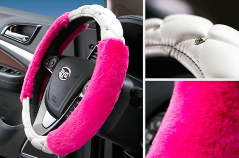 Unique Diamond Velvet Car Steering Wheel Cover PU Leather 15 Inch 38CM - Rose
