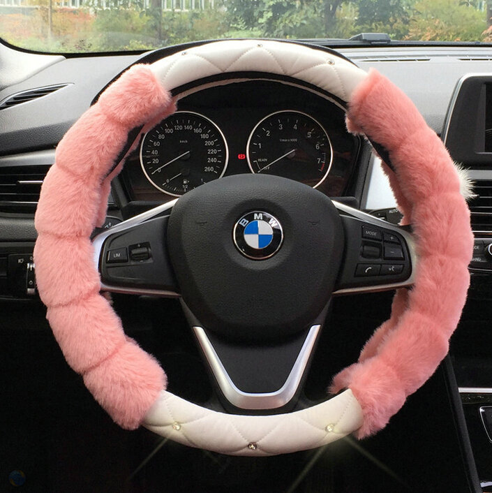 Unique Diamond Velvet Car Steering Wheel Covers PU Leather 15 Inch 38CM - Pink