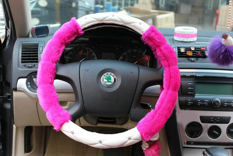 Unique Diamond Velvet Car Steering Wheel Covers PU Leather 15 Inch 38CM - Rose