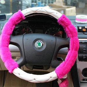 Unique Diamond Velvet Car Steering Wheel Covers PU Leather 15 Inch 38CM - Rose
