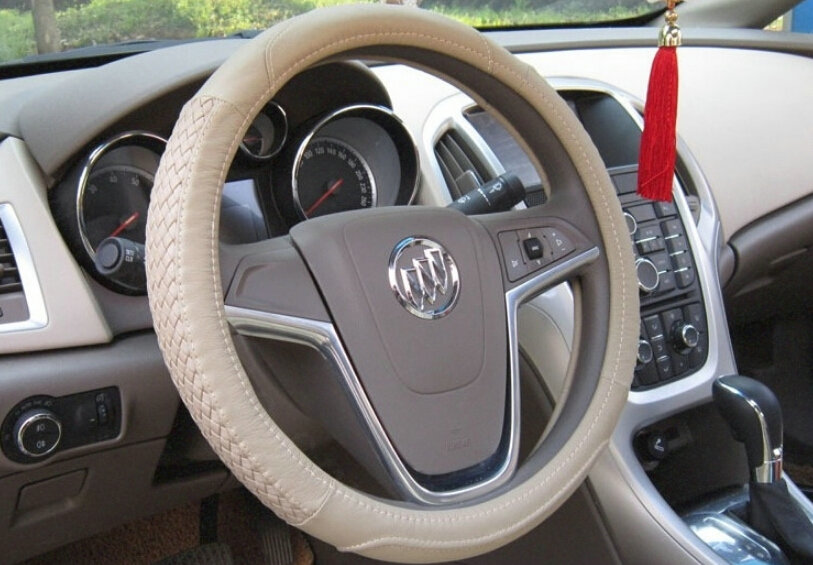 Unique Knitting Auto Steering Wheel Wrap Cowskin Leather 15 Inch 38CM - Beige