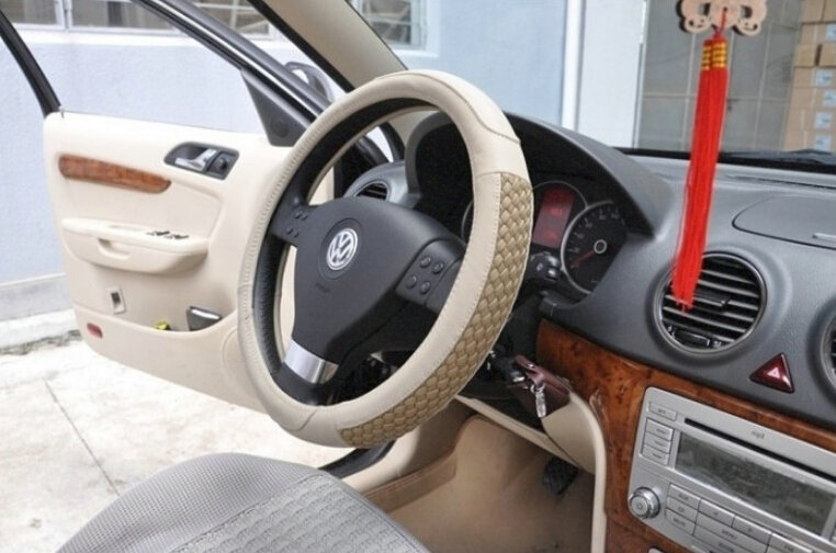 Unique Knitting Auto Steering Wheel Wrap Cowskin Leather 15 Inch 38CM - Beige
