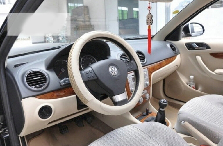 Unique Knitting Auto Steering Wheel Wrap Cowskin Leather 15 Inch 38CM - Beige