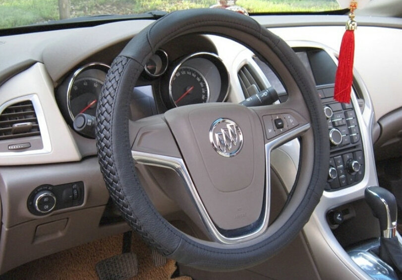 Unique Knitting Auto Steering Wheel Wrap Cowskin Leather 15 Inch 38CM - Black