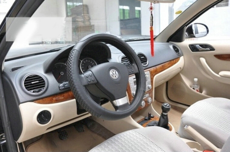 Unique Knitting Auto Steering Wheel Wrap Cowskin Leather 15 Inch 38CM - Black