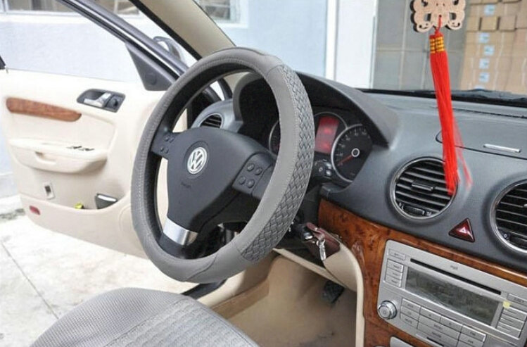 Unique Knitting Auto Steering Wheel Wrap Cowskin Leather 15 Inch 38CM - Grey