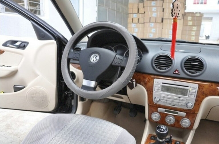 Unique Knitting Auto Steering Wheel Wrap Cowskin Leather 15 Inch 38CM - Grey