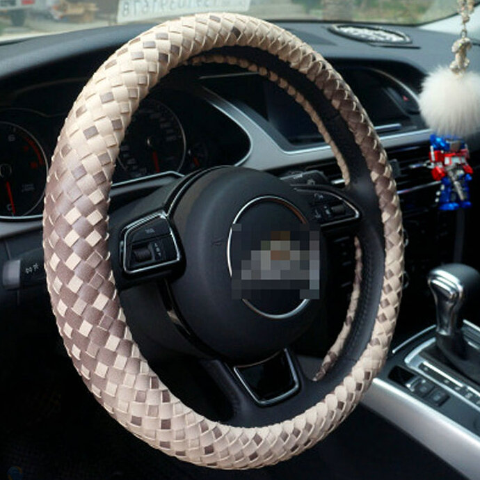 Unique Knitting Car Steering Wheel Wrap Genuine Leather 15 Inch 38CM - Beige