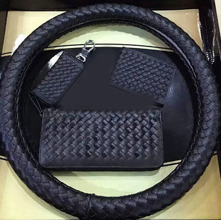 Unique Knitting Car Steering Wheel Wrap Genuine Leather 15 Inch 38CM - Black