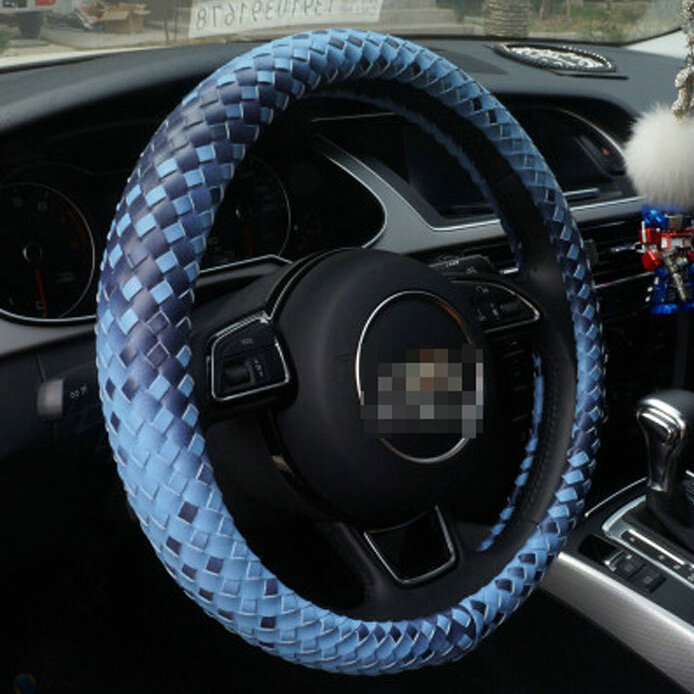 Unique Knitting Car Steering Wheel Wrap Genuine Leather 15 Inch 38CM - Blue