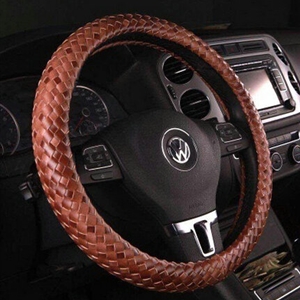 Unique Knitting Car Steering Wheel Wrap Genuine Leather 15 Inch 38CM - Brown