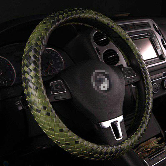 Unique Knitting Car Steering Wheel Wrap Genuine Leather 15 Inch 38CM - Green