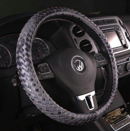 Unique Knitting Car Steering Wheel Wrap Genuine Leather 15 Inch 38CM - Grey