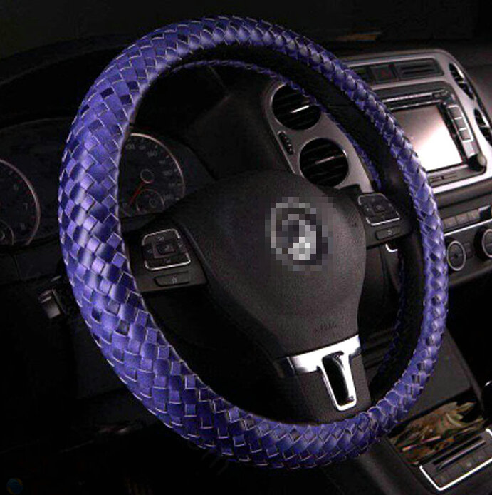 Unique Knitting Car Steering Wheel Wrap Genuine Leather 15 Inch 38CM - Purple