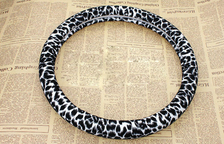 Unique Leopard Print Car Steering Wheel Cover Cotton 15 Inch 38CM - White