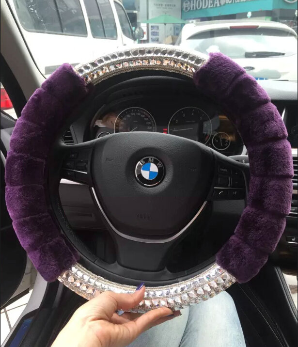 Unique Rhinestone Car Steering Wheel Covers Velvet 15 Inch 38CM - Purple