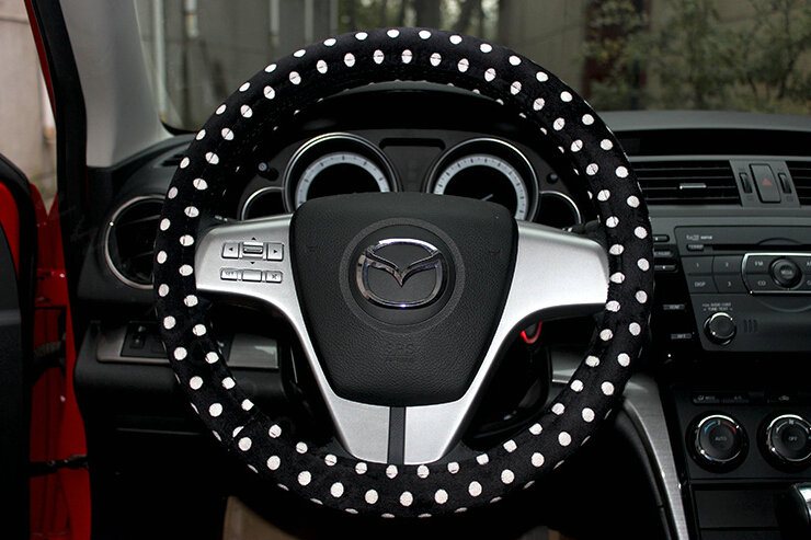 Cheapest Polka Dot Auto Steering Wheel Wrap Velvet 15 Inch 38CM - Black