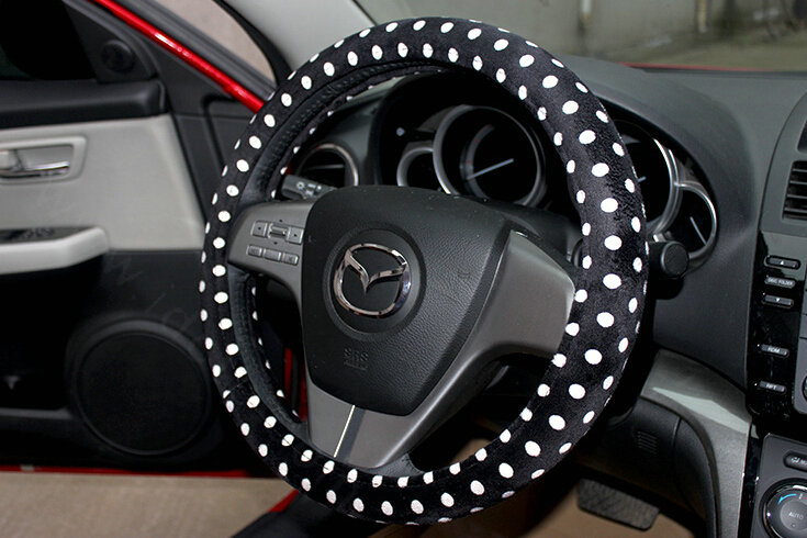Cheapest Polka Dot Auto Steering Wheel Wrap Velvet 15 Inch 38CM - Black