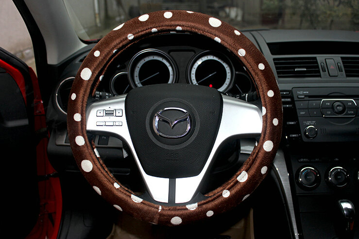 Cheapest Polka Dot Auto Steering Wheel Wrap Velvet 15 Inch 38CM - Brown