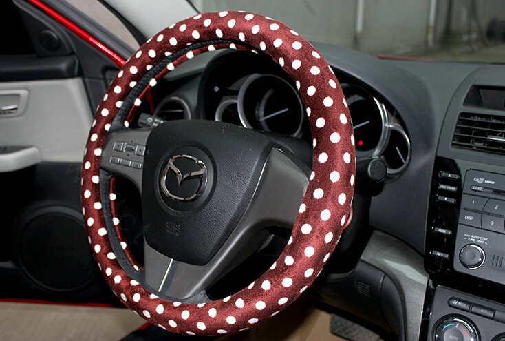 Cheapest Polka Dot Auto Steering Wheel Wrap Velvet 15 Inch 38CM - Brown