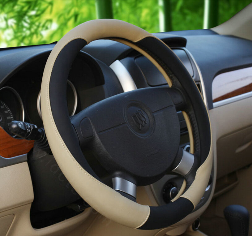 Classic Auto Steering Wheel Covers Sheepskin Leather 15 Inch 38CM - Black Beige