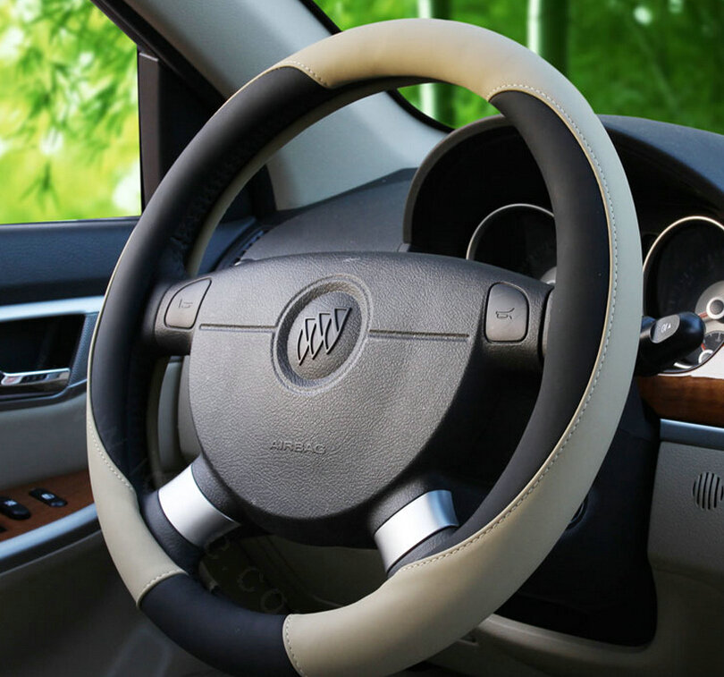 Classic Auto Steering Wheel Covers Sheepskin Leather 15 Inch 38CM - Black Beige