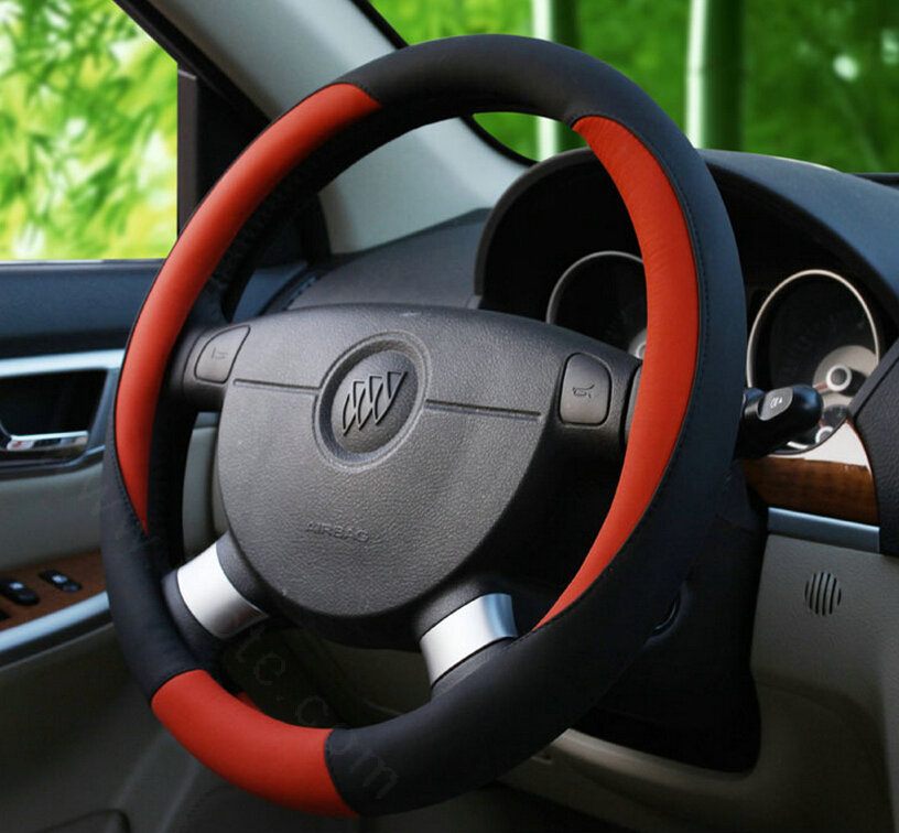 Classic Auto Steering Wheel Covers Sheepskin Leather 15 Inch 38CM - Black Red