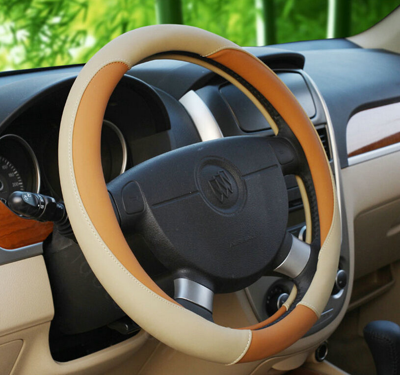 Classic Auto Steering Wheel Covers Sheepskin Leather 15 Inch 38CM - Orange Beige
