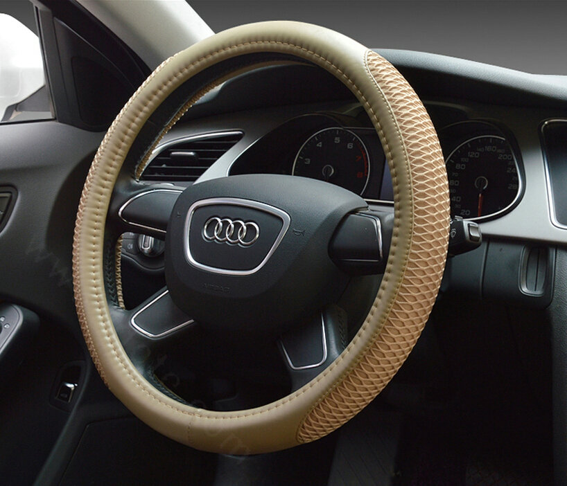 Classic Car Steering Wheel Wrap Ice Silk PU Leather 15 Inch 38CM - Beige