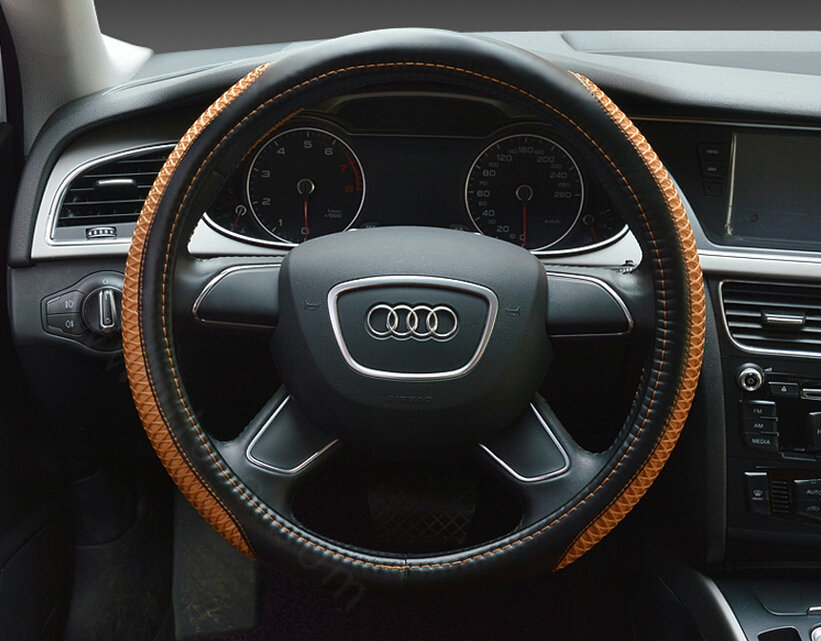 Classic Car Steering Wheel Wrap Ice Silk PU Leather 15 Inch 38CM - Black Brown