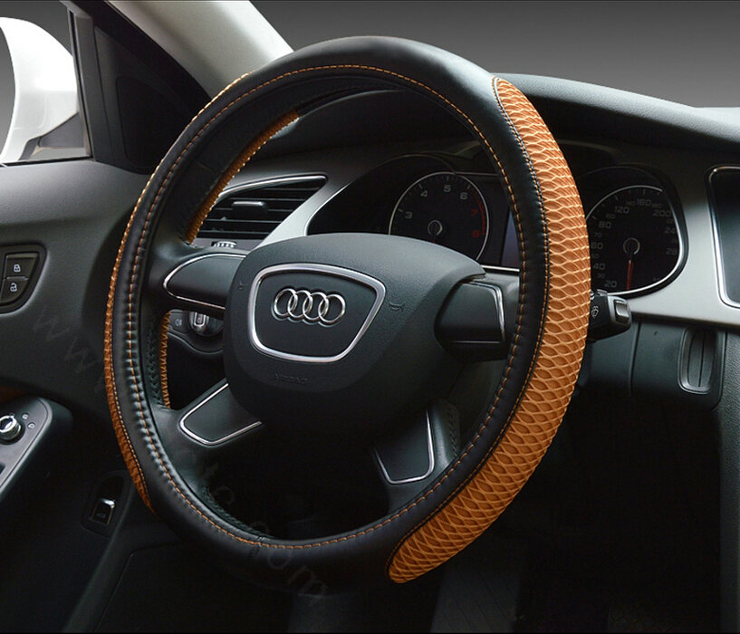 Classic Car Steering Wheel Wrap Ice Silk PU Leather 15 Inch 38CM - Black Brown