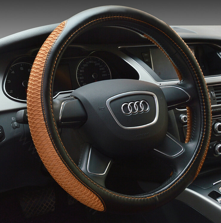 Classic Car Steering Wheel Wrap Ice Silk PU Leather 15 Inch 38CM - Black Brown