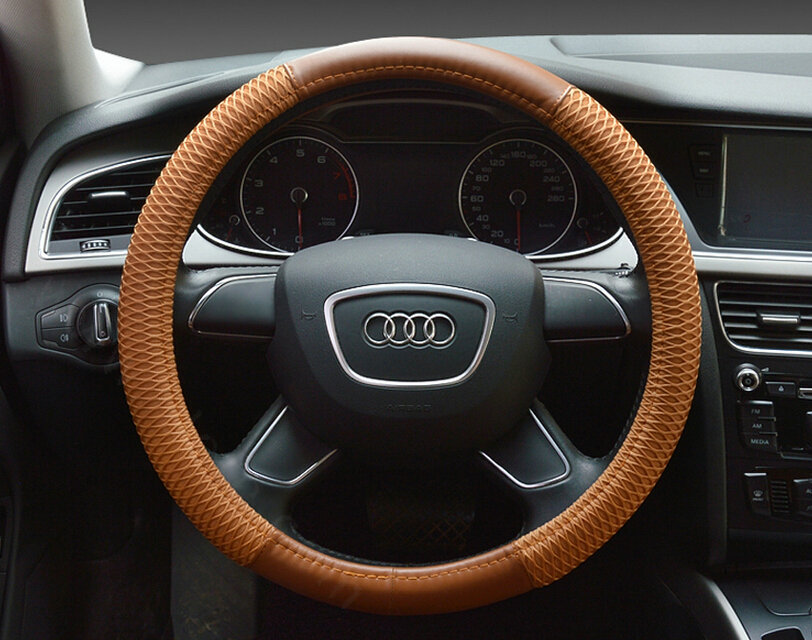 Classic Car Steering Wheel Wrap Ice Silk PU Leather 15 Inch 38CM - Brown