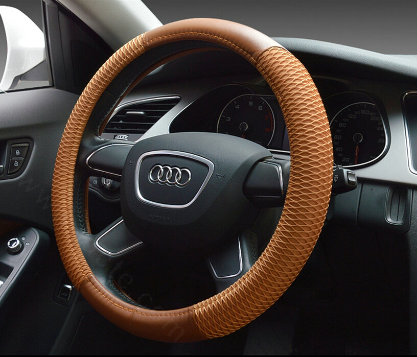 Classic Car Steering Wheel Wrap Ice Silk PU Leather 15 Inch 38CM - Brown