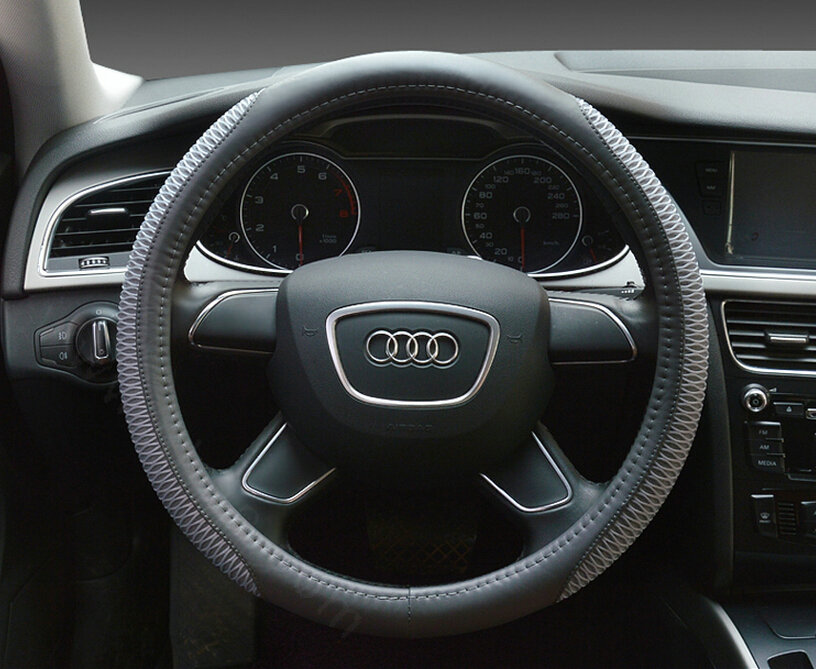 Classic Car Steering Wheel Wrap Ice Silk PU Leather 15 Inch 38CM - Grey