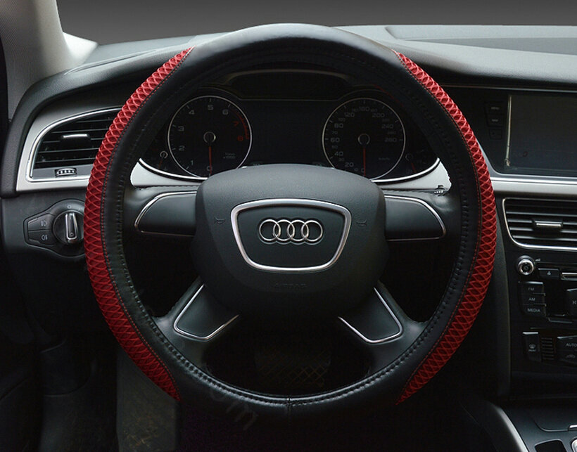 Classic Car Steering Wheel Wrap Ice Silk PU Leather 15 Inch 38CM - Red