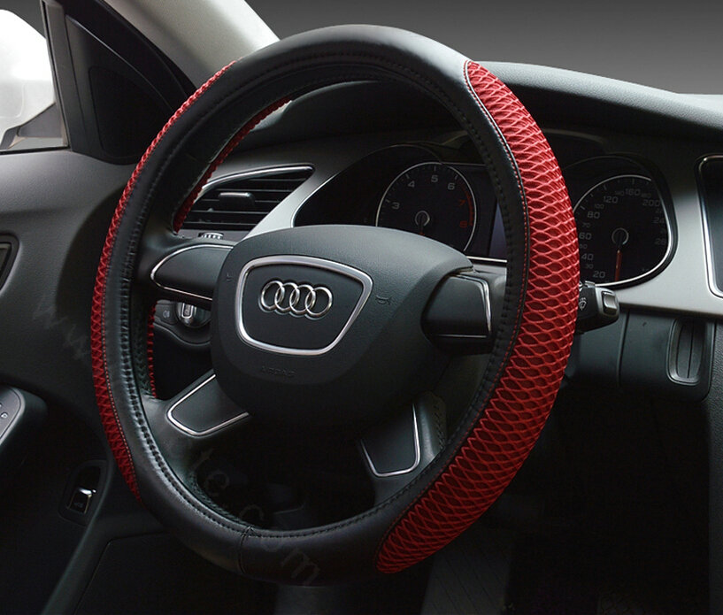 Classic Car Steering Wheel Wrap Ice Silk PU Leather 15 Inch 38CM - Red