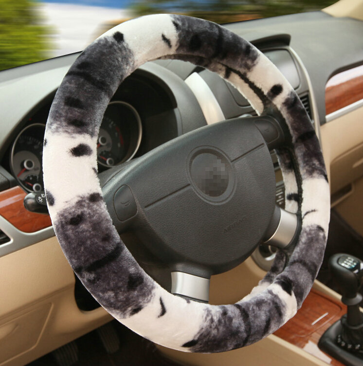Classic Cow Print Car Steering Wheel Covers Velvet 15 Inch 38CM - Grey