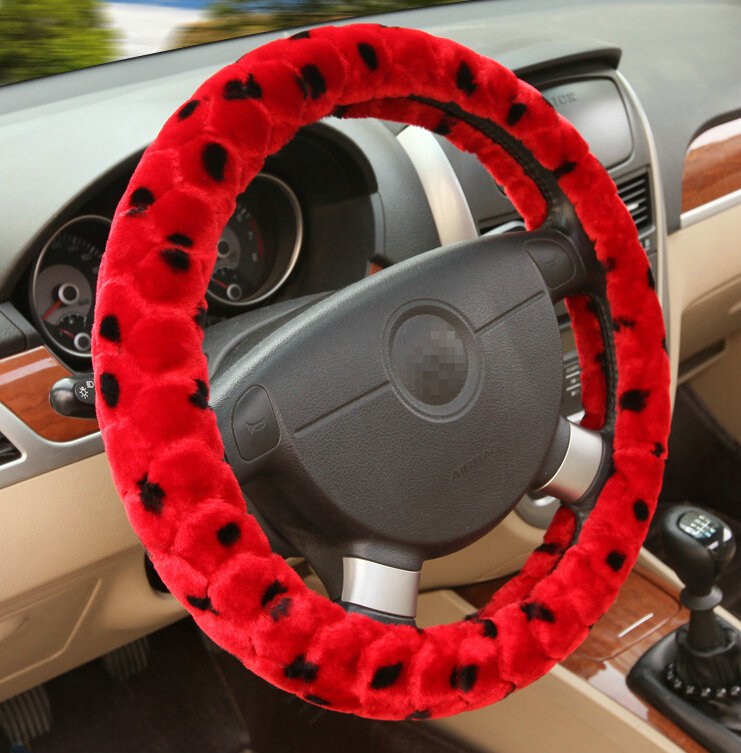 Classic Cow Print Car Steering Wheel Wrap Velvet 15 Inch 38CM - Red
