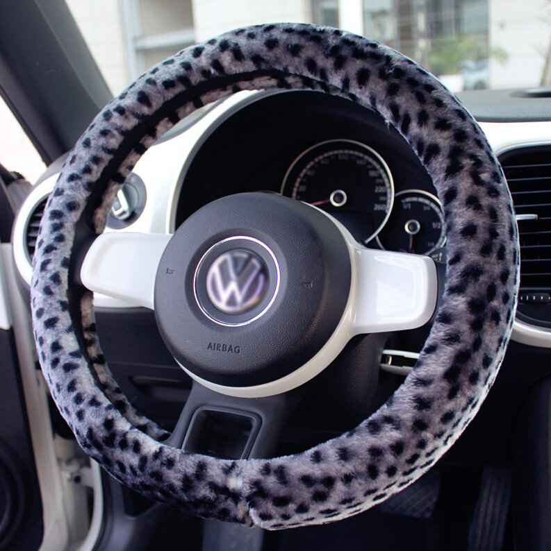 Classic Leopard Print Car Steering Wheel Covers Velvet 15 Inch 38CM - Grey