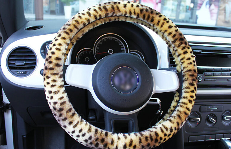 Classic Leopard Print Car Steering Wheel Covers Velvet 15 Inch 38CM - Yellow