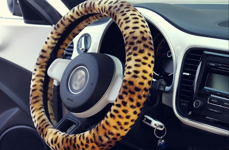 Classic Leopard Print Car Steering Wheel Covers Velvet 15 Inch 38CM - Yellow
