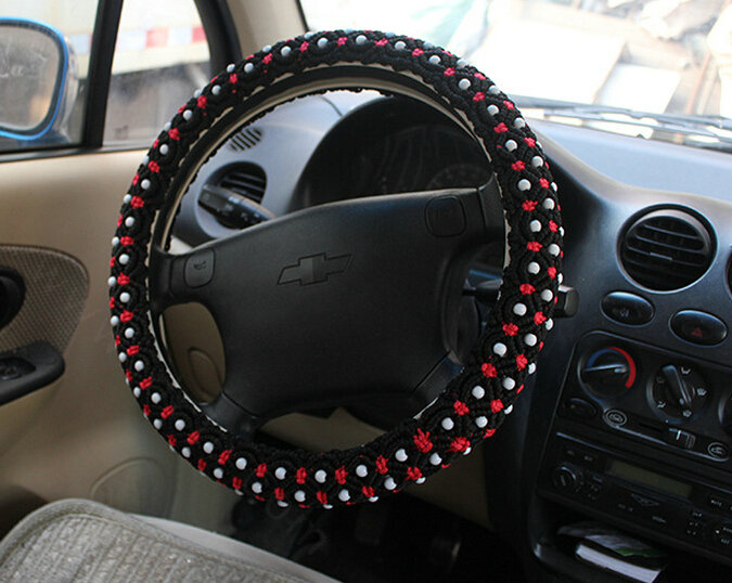 Colorful Beaded Car Steering Wheel Wrap Ice Silk 15 Inch 38CM - Black